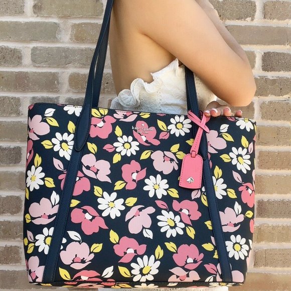 Kate Spade Floral Printed Large Tote Dark Blue Pink Multi - Picture 2 of 3